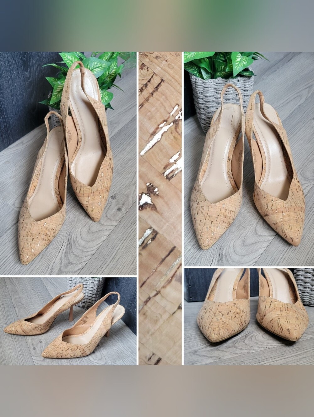 JF JustFab Jasmine Slingback Cork Natural Tan 3.5" High Heel Courts, US 10 EU 41
